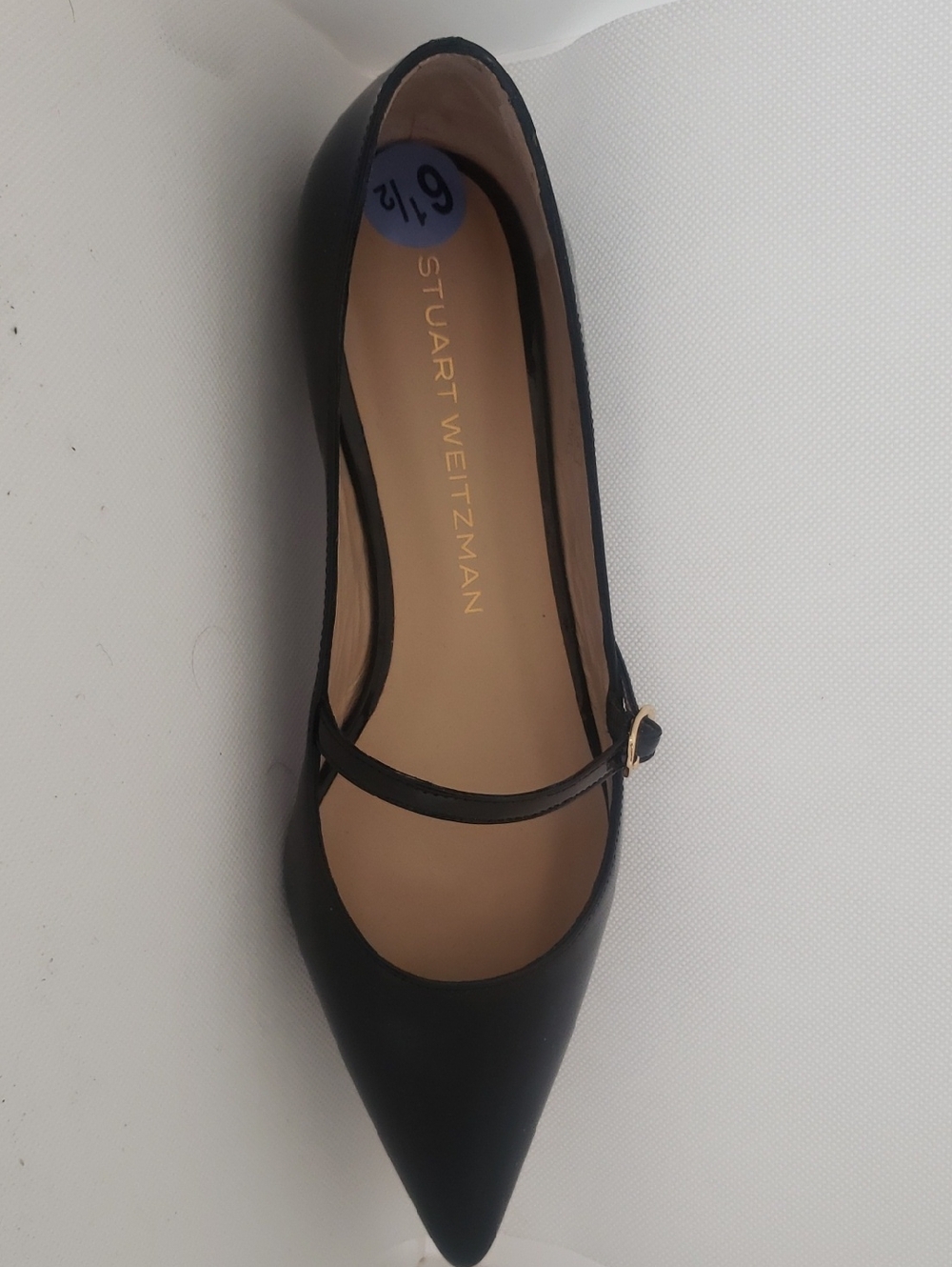 Stuart Weitzman Black Pointed Mary Jane Flat with Gold Buckle Strap